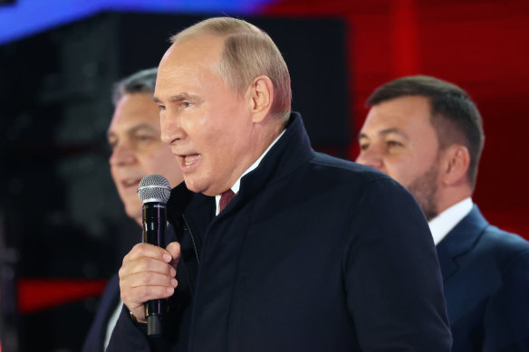 Russian President Vladimir Putin speaks during celebrations marking the incorporation of regions of Ukraine to join Russia in Red Square on Friday.