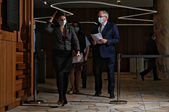 NSW Premier Gladys Berejiklian and Health Minister Brad Hazzard arrive for today’s coronavirus update. 