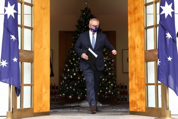 Prime Minister Scott Morrison arrives for this morning’s press conference. 