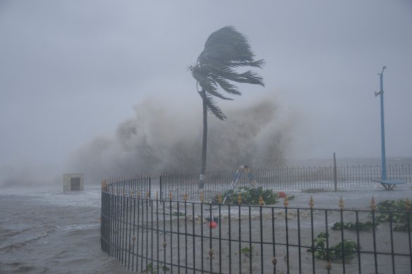 Heavy winds and sea waves hit the shore at the Digha beach. 