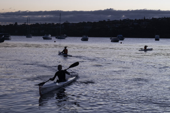 Early morning paddlers from the Sydney Harbour Surf Club out on the water near Rose Bay.