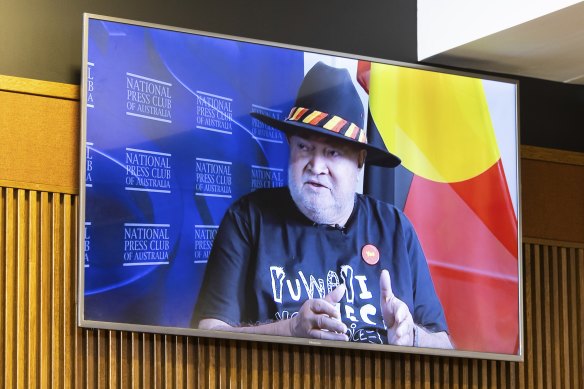 Senator Patrick Dodson, Special Envoy for Reconciliation and the Implementation of the Uluru Statement from the Heart, during an address to the National Press Club of Australia via videolink from Broome.