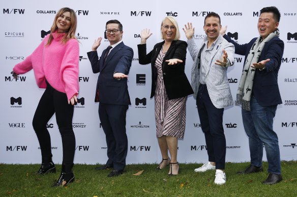 Lord mayor Sally Capp (centre) and team at the launch of Melbourne Fashion Week on Monday. 