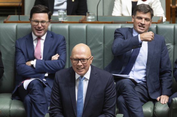 Opposition Leader Peter Dutton during question time, with Nationals leader David Littleproud (left) and shadow treasurer Angus Taylor (right).