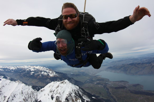 No fear: Ben Groundwater skydiving in Switzerland during his pre-parenting days.