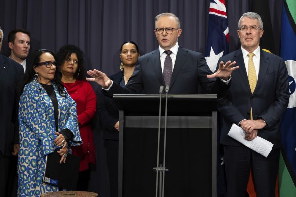 Prime Minister Anthony Albanese, Attorney-General Mark Dreyfus and Minister for Indigenous Australians Linda Burney during a press conference at Parliament House in Canberra on June 19, 2023.