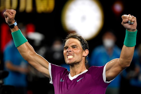 Rafael Nadal celebrates after defeating Matteo Berrettini. 