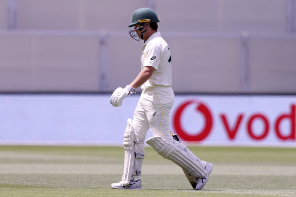 Marcus Harris walks off after being caught out during the fourth day of the Adelaide Test. 