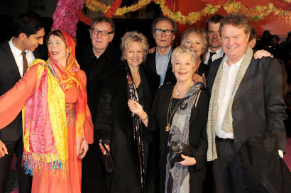 The world premiere of The Best Exotic Marigold Hotel with (from left) Dev Patel, Celia Imrie, Tom Wilkinson, Diana Hardcastle, Bill Nighy, Dame Judi Dench, Penelope Wilton, and John Madden.