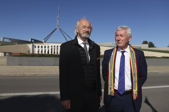 Bernard Collaery (right) with Julian Assange’s father, John Shipton, in 2021. Collaery has signed the letter calling on Anthony Albanese to urge the US to stop its pursuit of Assange.