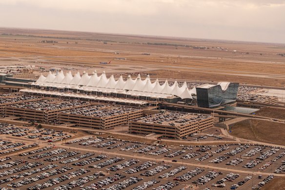 Denver International Airport sits on the edge of the Rocky Mountains.