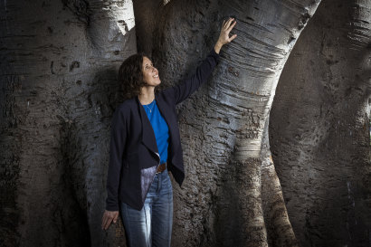 Dr Libby Straughan with her favourite tree: a Morton Bay fig in Lincoln Square, Carlton.