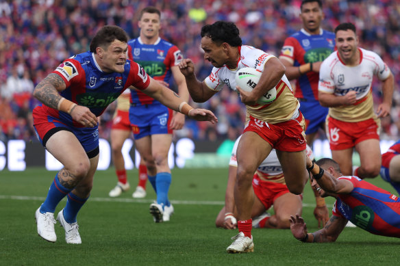Trai Fuller in full flight during the match that prompted Wayne Bennett’s comments about video technology.
