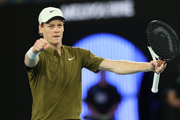 Jannik Sinner celebrates his win over Ben Shelton.