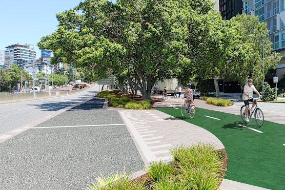 An artist impression of the new cycleway, which will run 1.2 kilometres along Shafston Avenue between Kangaroo Point and East Brisbane.