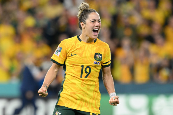 Australia’s Katrina Gorry celebrates a goal during the penalty shootout.