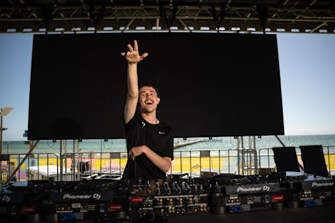 Hey Mr DJ: Cooper Smith tries out the decks where he will DJ at Frankston’s Waterfront Festival on Friday.