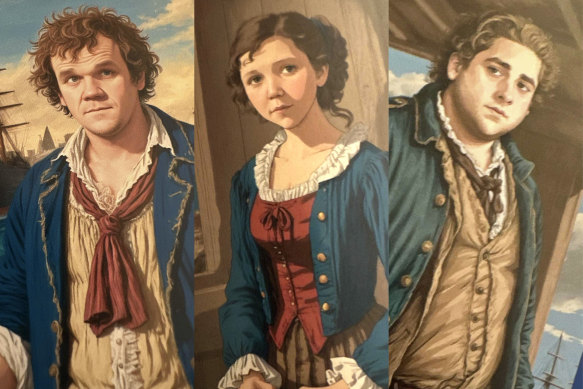 Characters from a First Fleet-themed board game that look like actors John C. Reilly, Maggie Gyllenhaal and Jonah Hill.