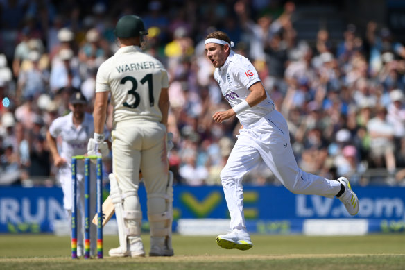 Stuart Broad celebrates another dismissal of David Warner.