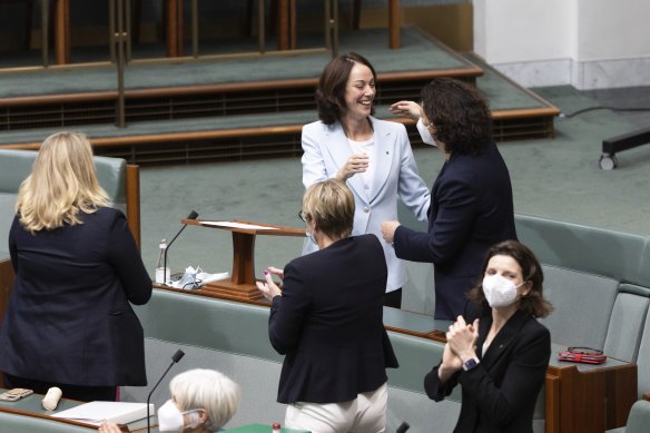 Independent MPs Sophie Scamps, top left, and Monique Ryan, top right, after Scamps’ first speech to parliament.