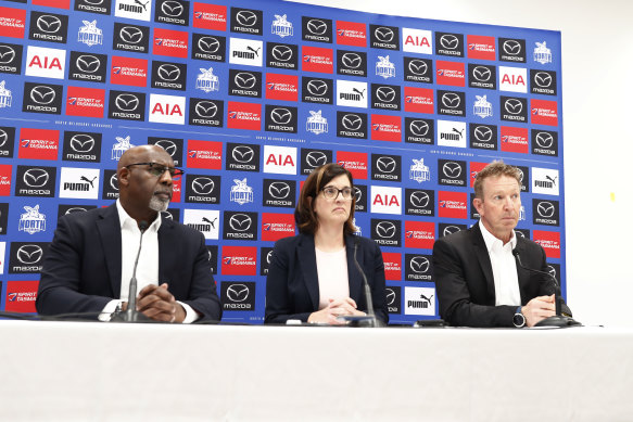 David Noble (right) announces his departure alongside chief executive Ben Amarfio and president Sonja Hood.