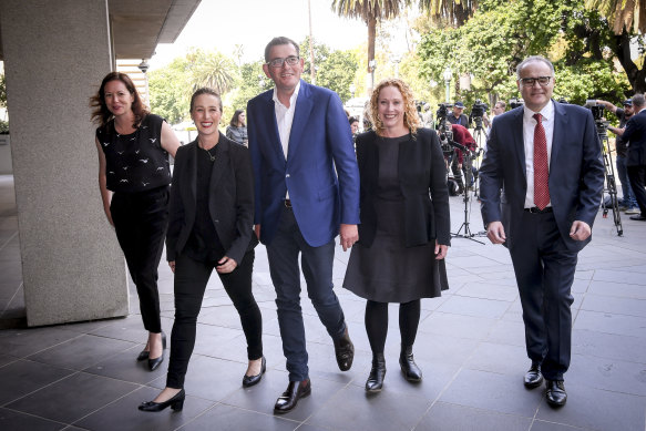 Premier Daniel Andrews (centre) pictured in November 2018 with new members of his ministry - Jaclyn Symes, Gabrielle Williams, Melissa Horne and Adem Somyurek.