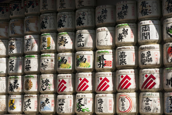 Sake barrels donated as a show of respect to Emperor Meiji.