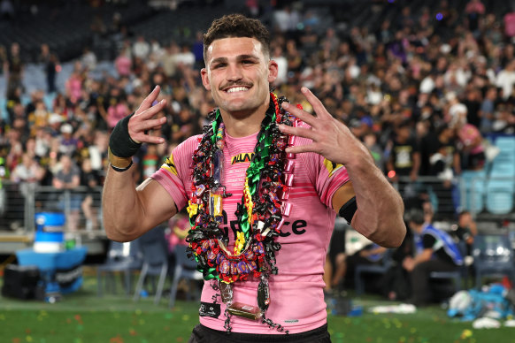 Nathan Cleary celebrates after winning the Grand Final match between the Melbourne Storm and the Penrith Panthers on October 6.