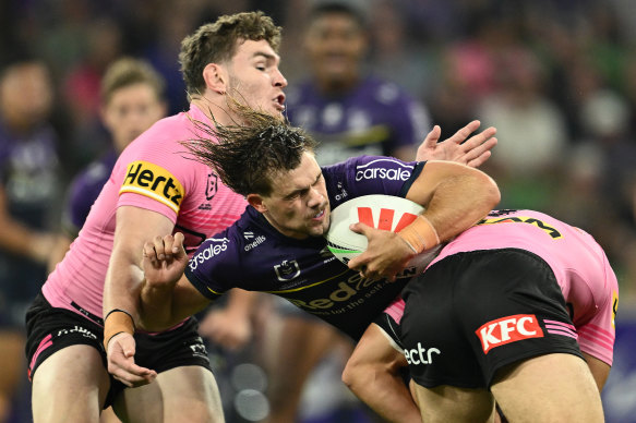 Ryan Papenhuyzen charges into the Penrith defence.