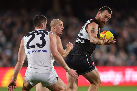 Charlie Dixon was not at his best for Port Adelaide against Carlton on Thursday and was subbed out of the game.