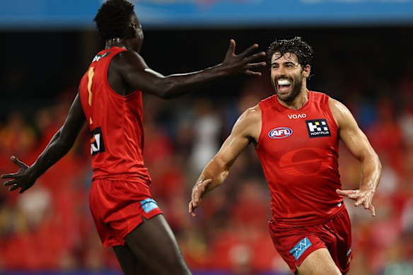 Christian Petracca celebrates a goal with Mac Andrew.