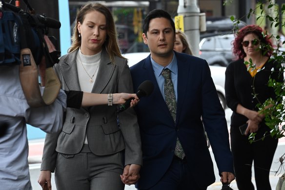 Hannah Quinn and Blake Davis arrive at NSW Supreme Court in Darlinghurst on Tuesday. 