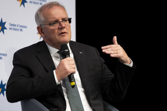 Prime Minister Scott Morrison speaks at a Chamber of Commerce and Industry WA breakfast on Wednesday.