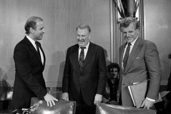 Joseph Biden, Jr. and Edward Kennedy (right) during a Senate hearing with Attorney General Edwin Meese, in Washington on February 4, 1987.