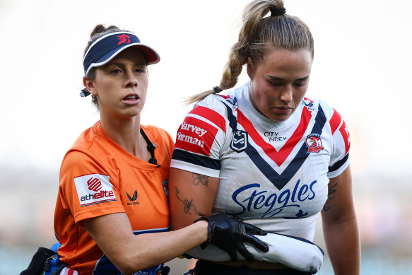 Roosters captain Isabelle Kelly after dislocating her elbow against Parramatta.