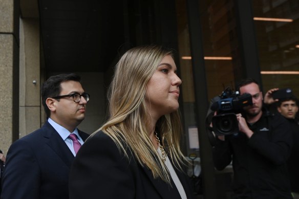 Brittany Higgins and her fiance David Sharaz outside the Federal Court in Sydney during Bruce Lehrmann’s defamation case against Ten and Lisa Wilkinson.