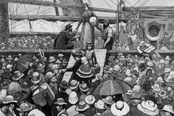 A drawing of a young woman’s arrival in Australia.