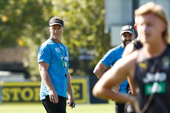 Richmond coach Damien Hardwick keeps an eye on pre-season training.