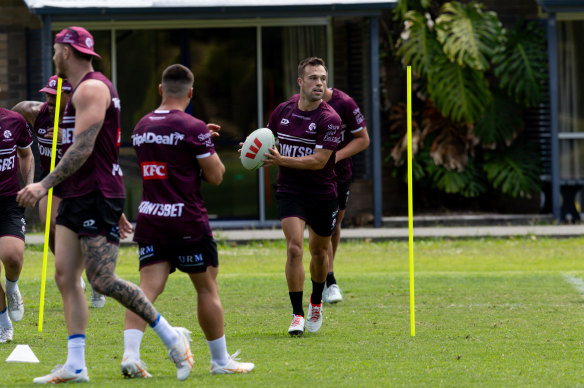 Luke Brooks trains for the first time with the Manly Sea Eagles on Friday.
