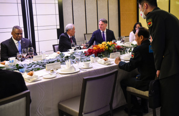 From Left, US Secretary of Defence Lloyd Austin, Singaporean Defence Minister Ng Eng Hen, and his counterparts, Australia’s Richard Marles and China’s Wei Fenghe.