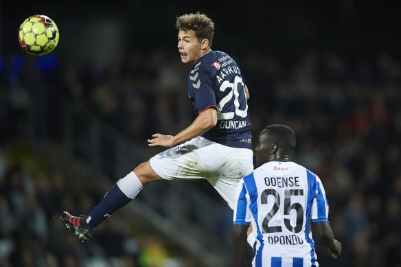 Zach Duncan in action for AGF Aarhus against OB Odense in the Danish Superliga last year.