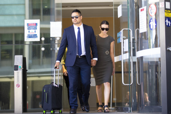 Ex-NRL player Jarryd Hayne leaves the Newcastle Courthouse after the jury failed to reach a decision on Friday. 