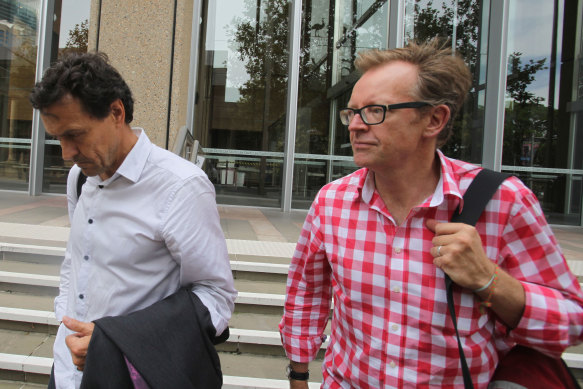 Nick Murray (right) with producing partner Michael Cordell in 2015, as the pair battled Gina Rinehart in court over the mining magnate’s attempt to stop House of Hancock going to air.  