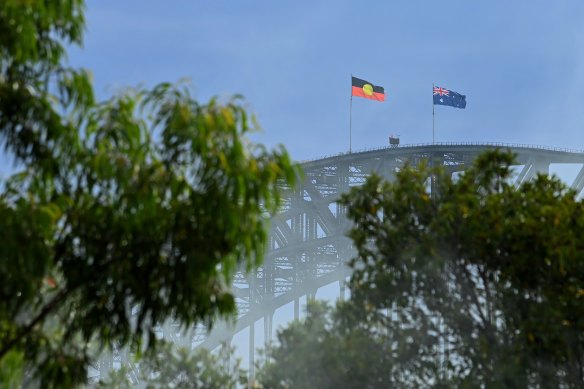 The Aboriginal and Australian flags on the Sydney Harbour Bridge.