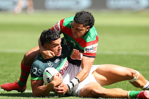 The moment Savelio Tamale froze while scoring a try for Canberra.