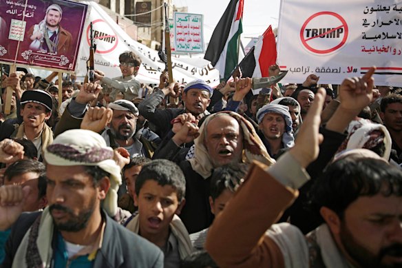 Yemeni Shiite Houthis protest against US President Donald Trump in Sanaa, Yemen, in January. 