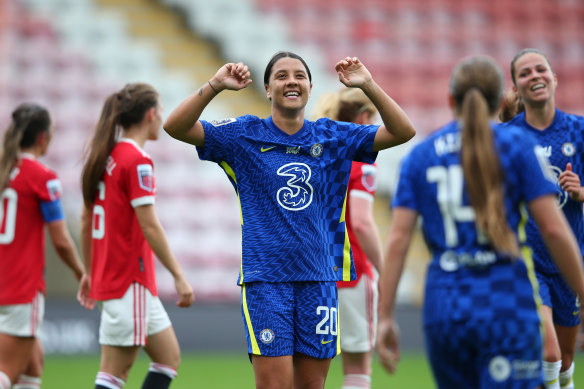 Sam Kerr celebrates scoring for Chelsea against Manchester United in the WSL on Sunday.