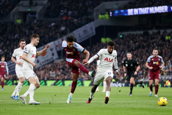 Ollie Watkins scores Aston Villa’s second goal, the match-winner, against Tottenham Hotspur.