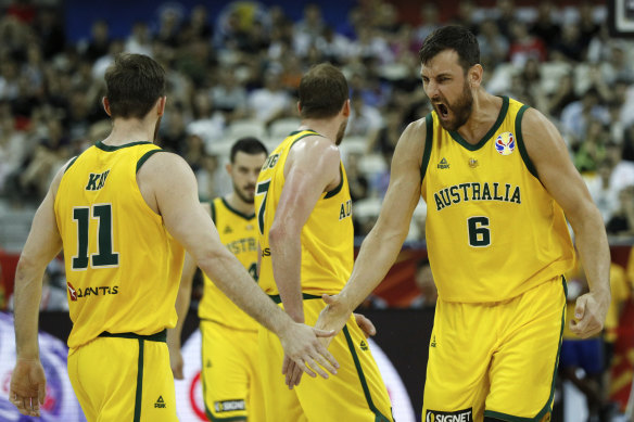 Andrew Bogut (right) celebrates with teammate Nic Kay during the quarter-final win over the Czech Republic.