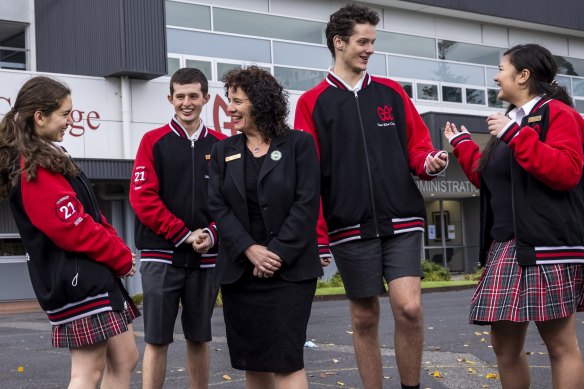 Glen Eira College principal Sheereen Kindler with senior students (from left) Aimee Harris, Alexander Leathley, Joseph Folwell and Alannah De Jesus.